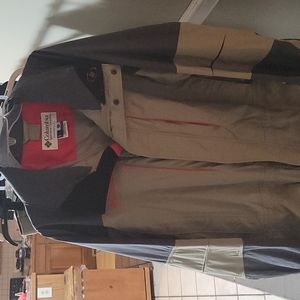 Columbia mens jacket, brown, grey red trim